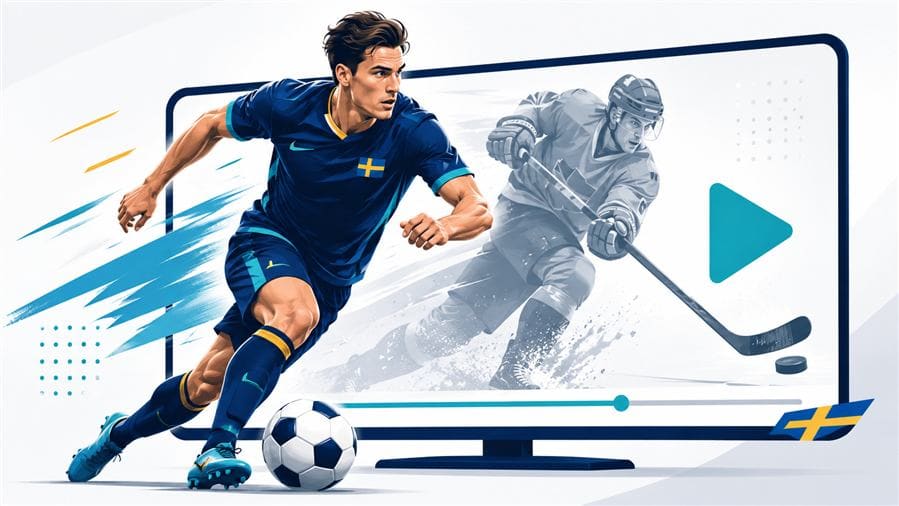 Illustration av svensk sportstreaming med fotboll, hockey och play-symbol